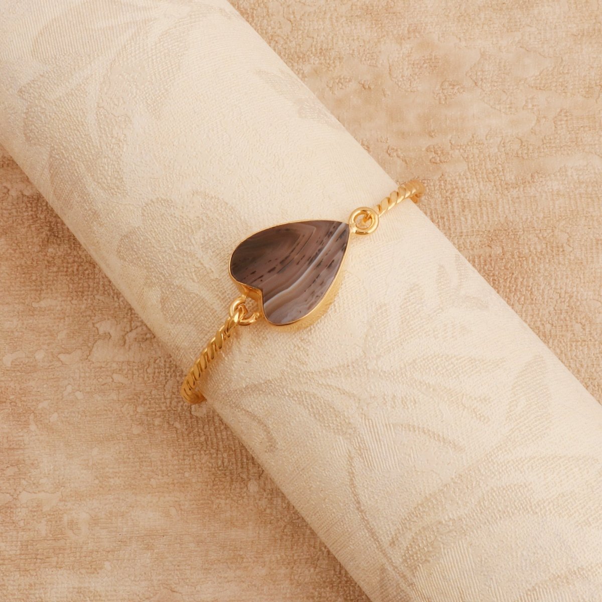 Gold Twisted Wire Heart Bangle, Natural Moss Agate Gemstone Jewelry 5050