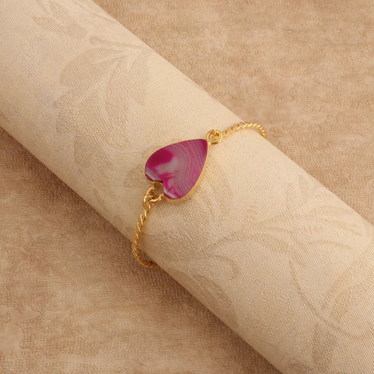Gold Twisted Wire Heart Bangle, Natural Moss Agate Gemstone Jewelry 5050