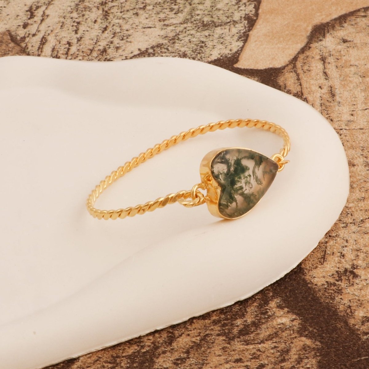 Gold Twisted Wire Heart Bangle, Natural Moss Agate Gemstone Jewelry 5050