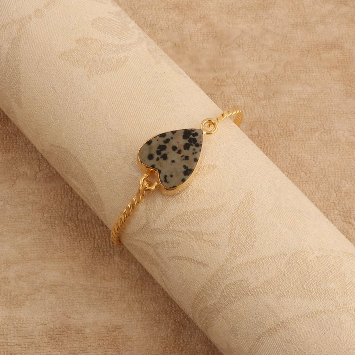 Gold Twisted Wire Heart Bangle, Natural Moss Agate Gemstone Jewelry 5050