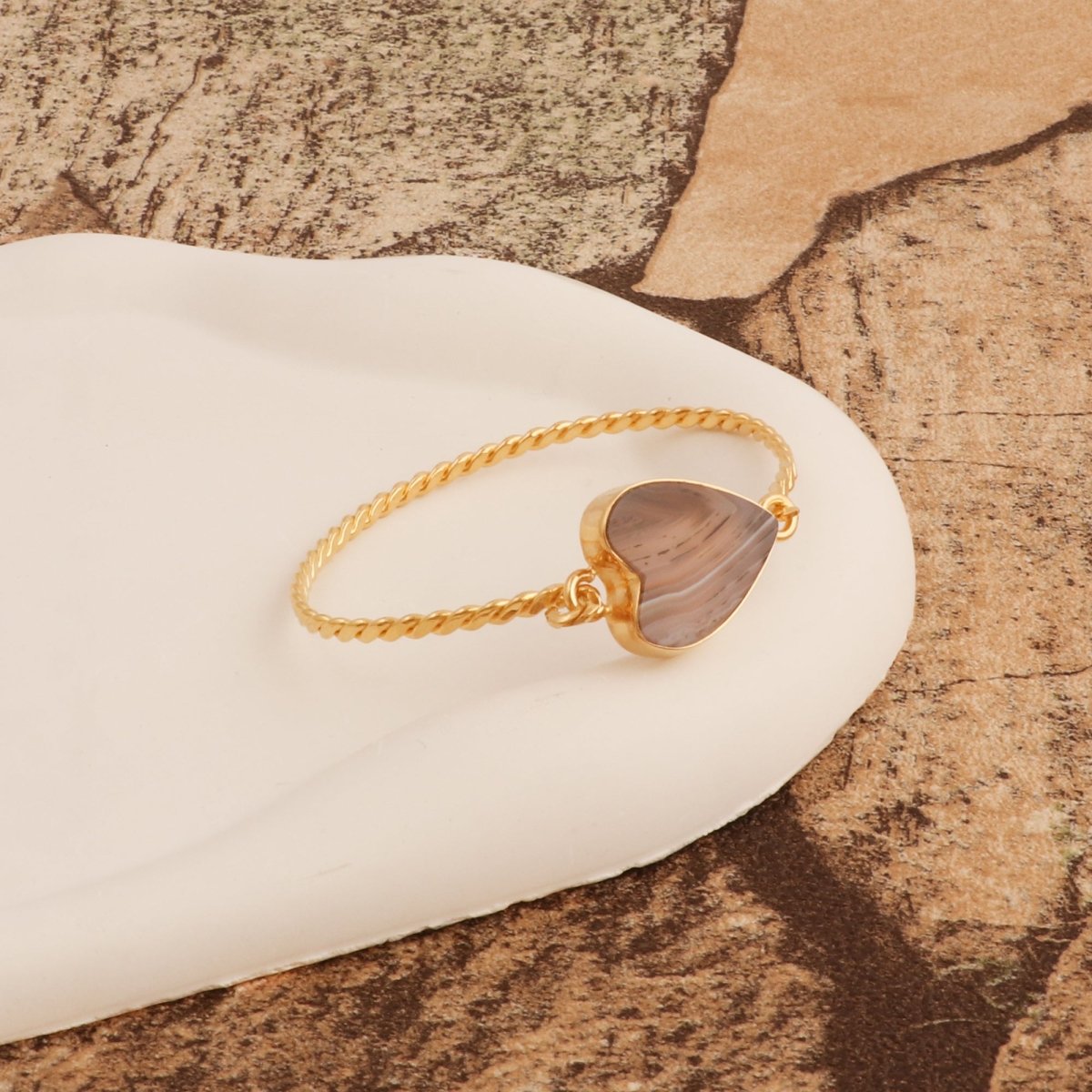 Gold Twisted Wire Heart Bangle, Natural Moss Agate Gemstone Jewelry 5050