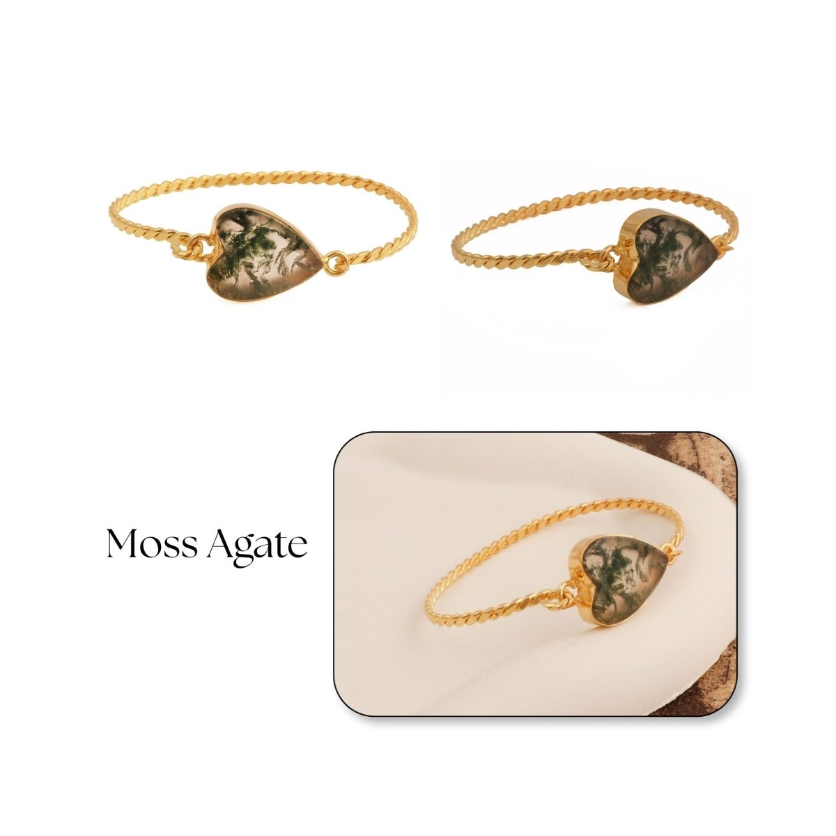 Gold Twisted Wire Heart Bangle, Natural Moss Agate Gemstone Jewelry 5050