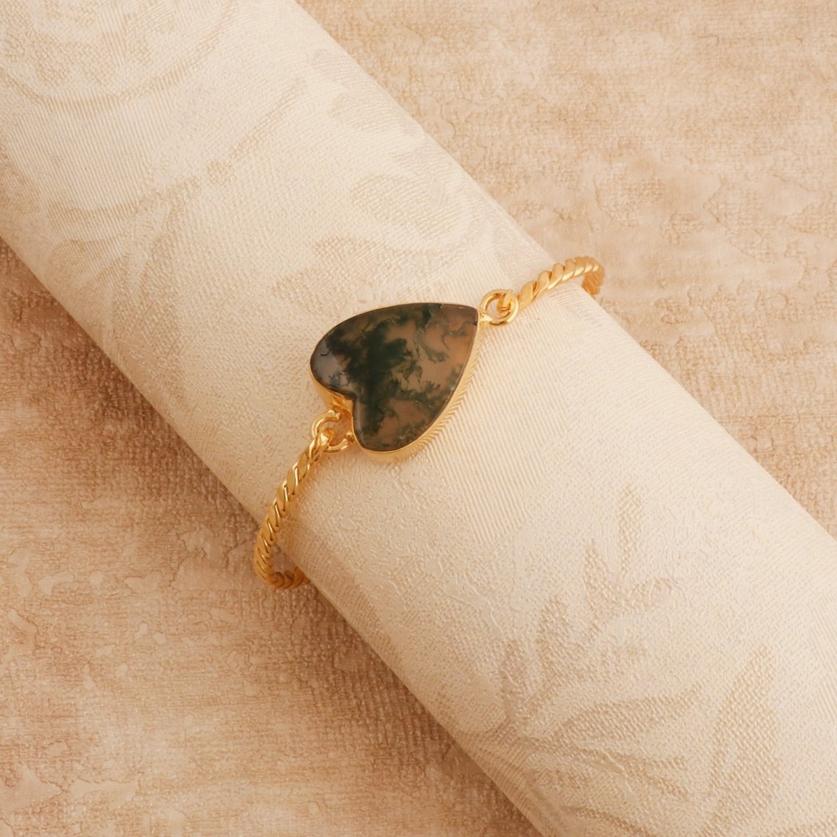 Gold Twisted Wire Heart Bangle, Natural Moss Agate Gemstone Jewelry 5050