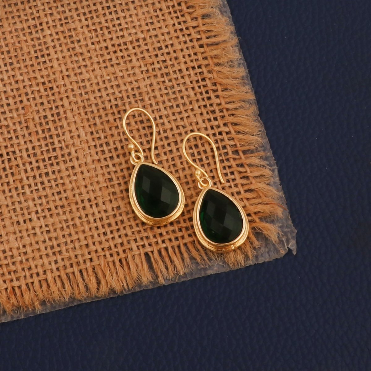 Green Emerald Teardrop Hook Earrings, Gold Plated Jewelry