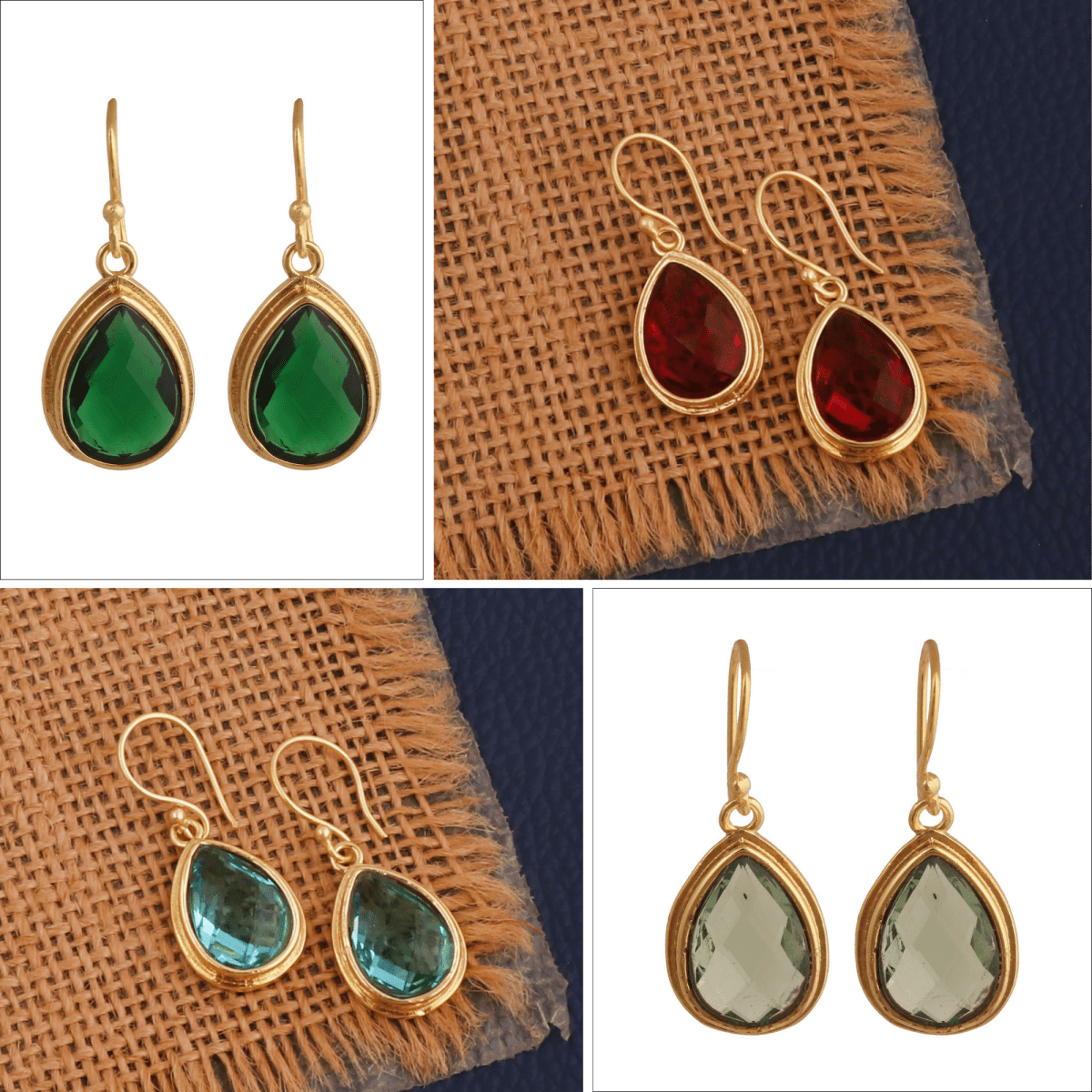 Green Emerald Teardrop Hook Earrings, Gold Plated Jewelry