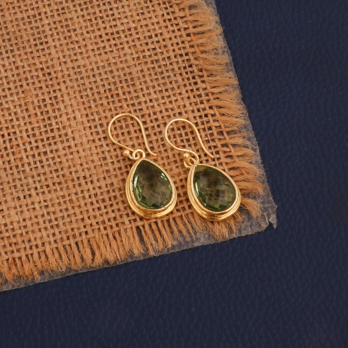 Green Emerald Teardrop Hook Earrings, Gold Plated Jewelry