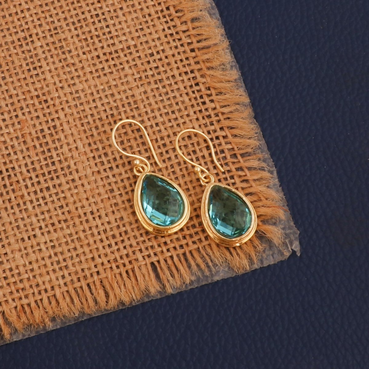 Green Emerald Teardrop Hook Earrings, Gold Plated Jewelry