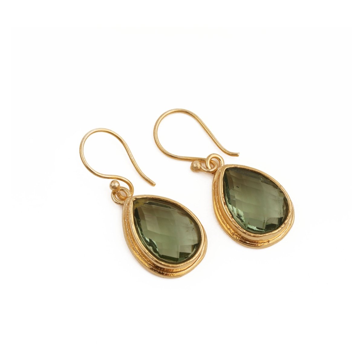 Green Emerald Teardrop Hook Earrings, Gold Plated Jewelry