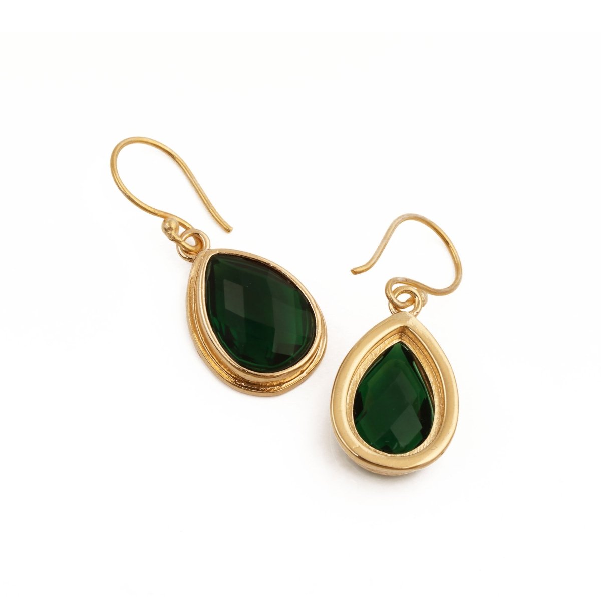 Green Emerald Teardrop Hook Earrings, Gold Plated Jewelry
