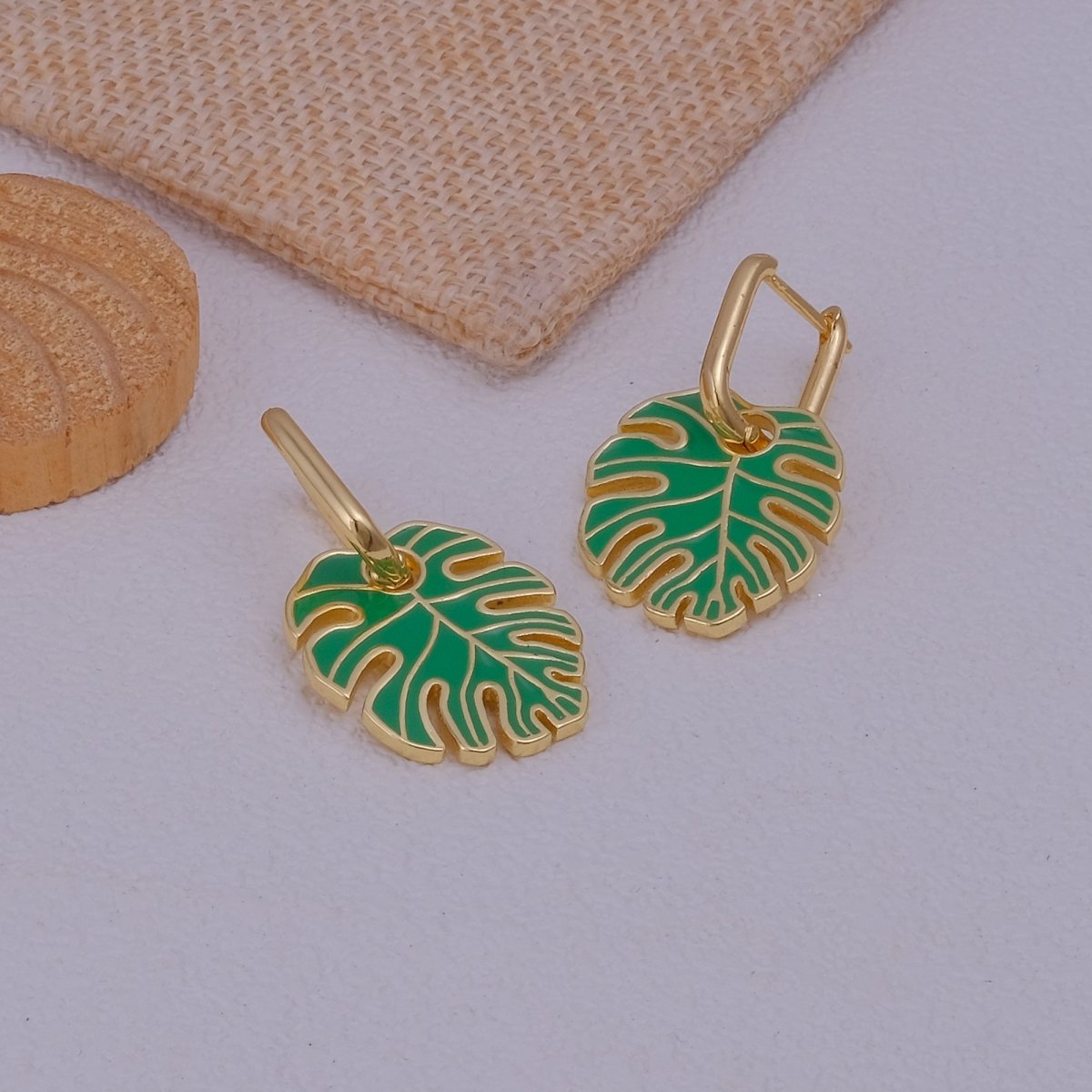 Green Enamel Gold Plated Monstera Leaf Drop Earrings