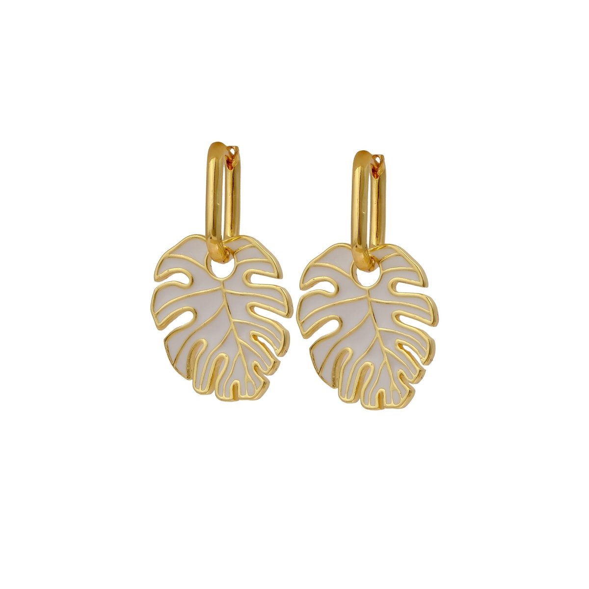 Green Enamel Gold Plated Monstera Leaf Drop Earrings