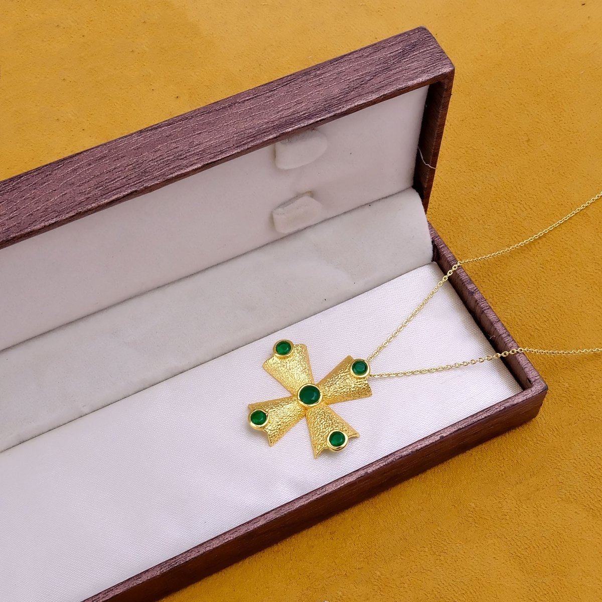 Green Onyx Cross Pendant Necklace, Gold Plated Statement Necklace for Women 5374
