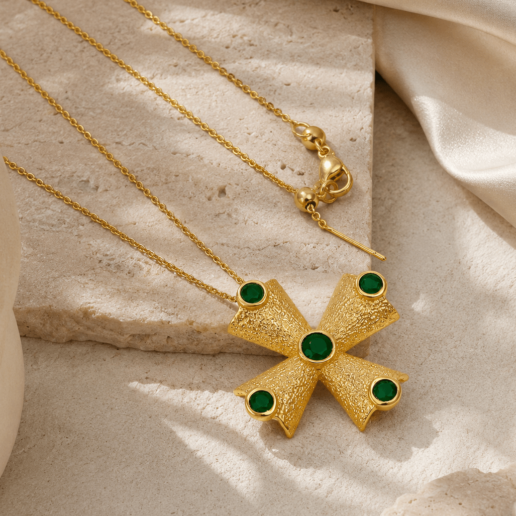 Green Onyx Cross Pendant Necklace, Gold Plated Statement Necklace for Women 5374
