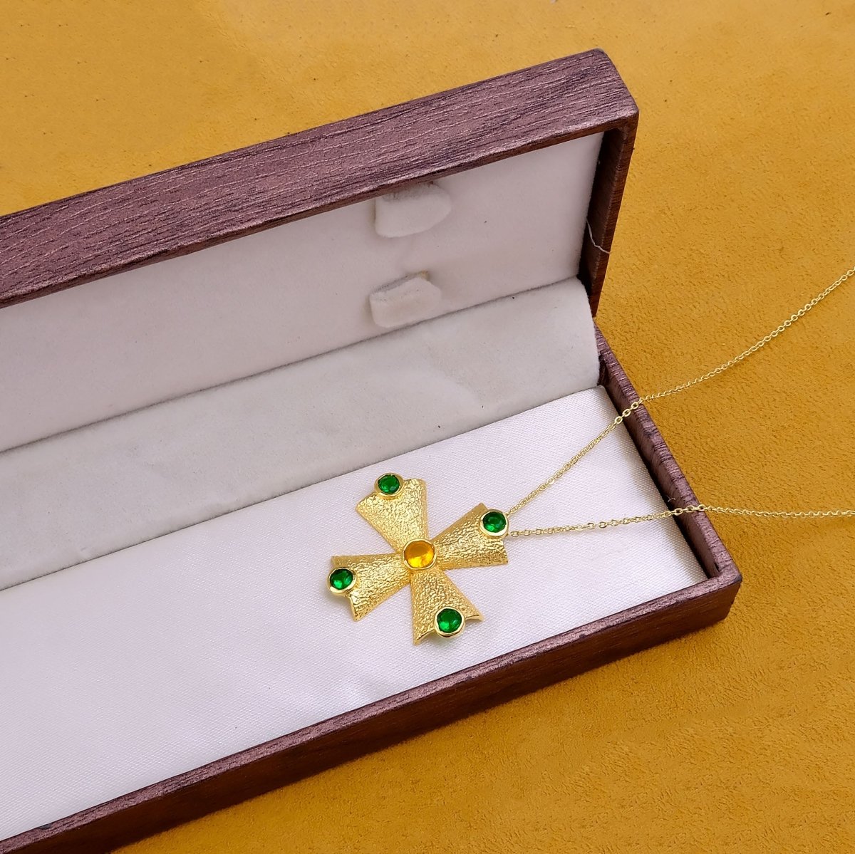 Green Onyx Cross Pendant Necklace, Gold Plated Statement Necklace for Women 5374