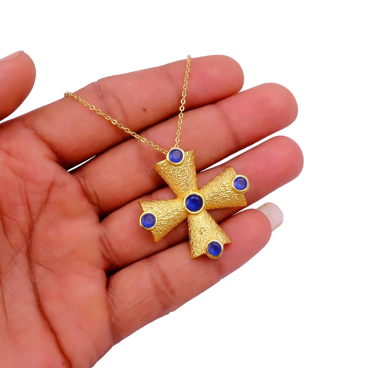 Green Onyx Cross Pendant Necklace, Gold Plated Statement Necklace for Women 5374