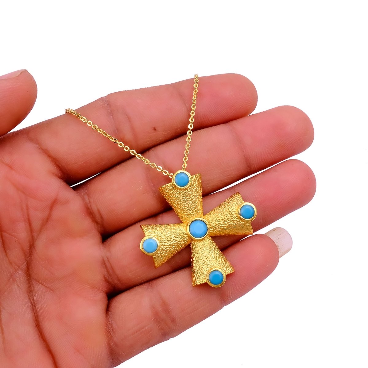 Green Onyx Cross Pendant Necklace, Gold Plated Statement Necklace for Women 5374