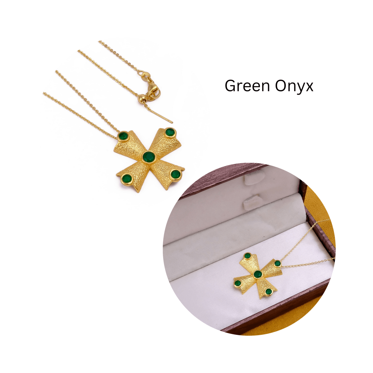 Green Onyx Cross Pendant Necklace, Gold Plated Statement Necklace for Women 5374