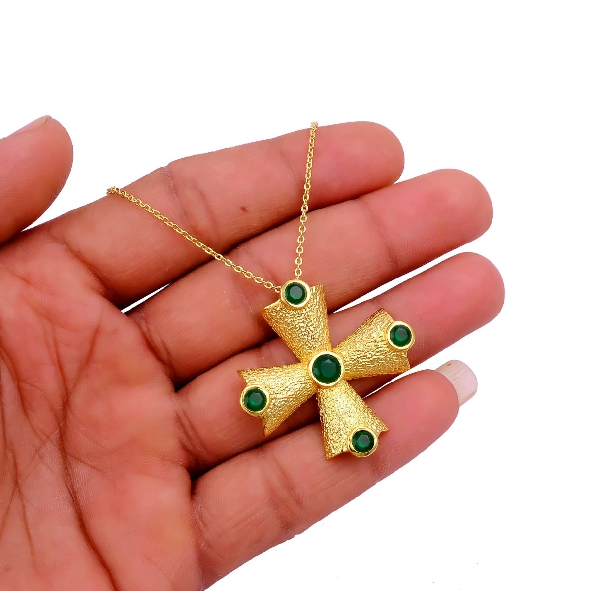 Green Onyx Cross Pendant Necklace, Gold Plated Statement Necklace for Women 5374
