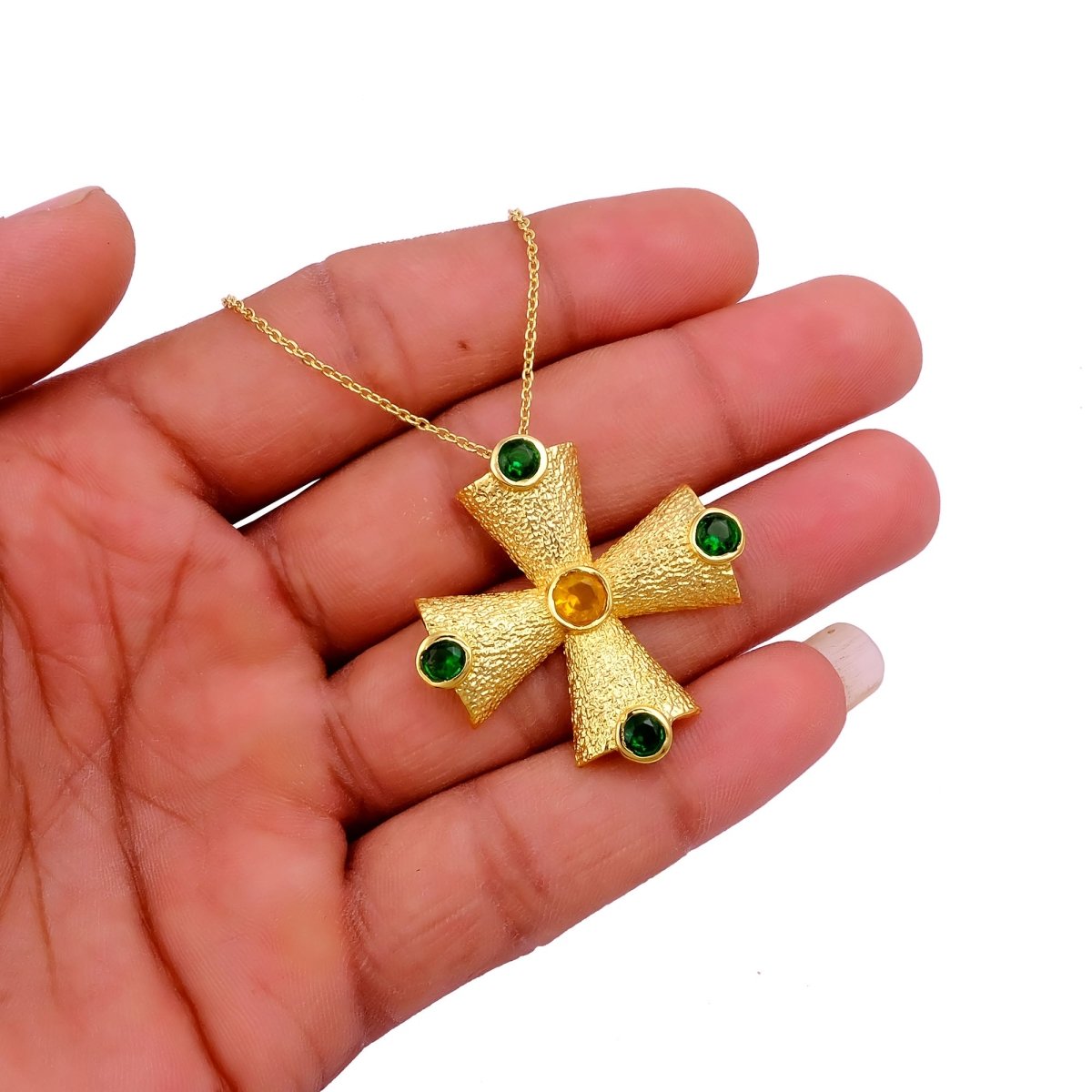 Green Onyx Cross Pendant Necklace, Gold Plated Statement Necklace for Women 5374