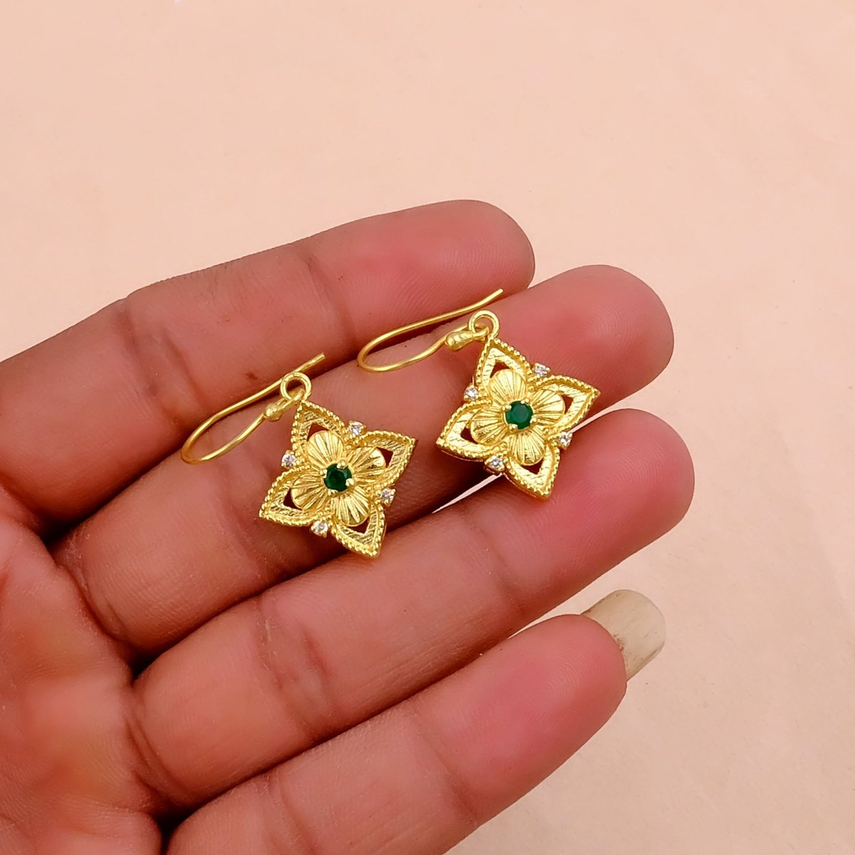 Green Onyx Gemstone Dangle Earrings, Floral Hook Earrings Minimalist Boho Jewelry 5383