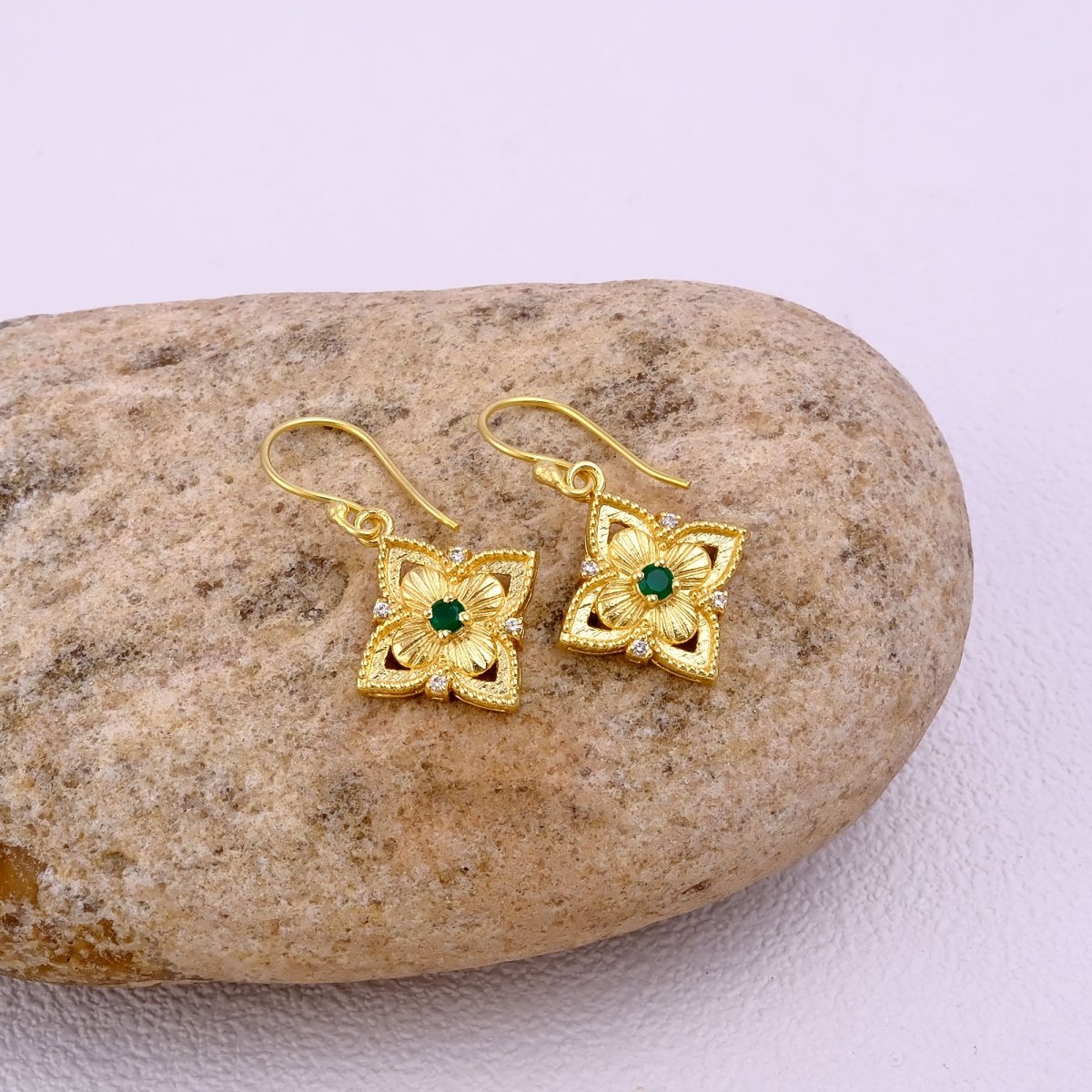 Green Onyx Gemstone Dangle Earrings, Floral Hook Earrings Minimalist Boho Jewelry 5383