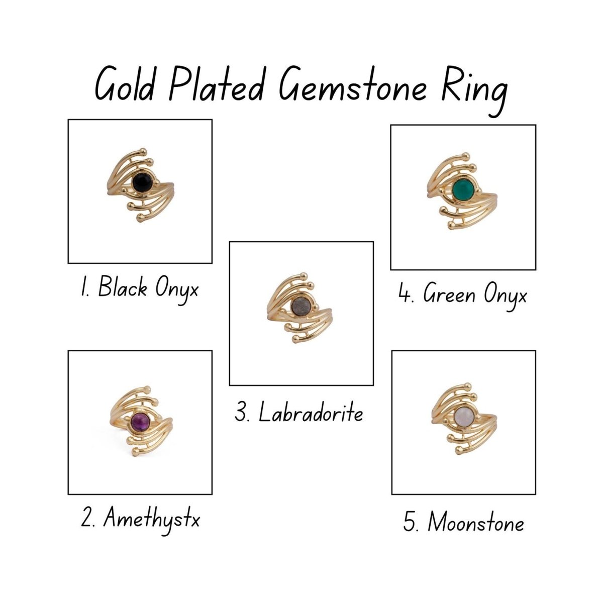 Green Onyx Gemstone Ring Evil Eye Design Gold Plated Ring Adjustable