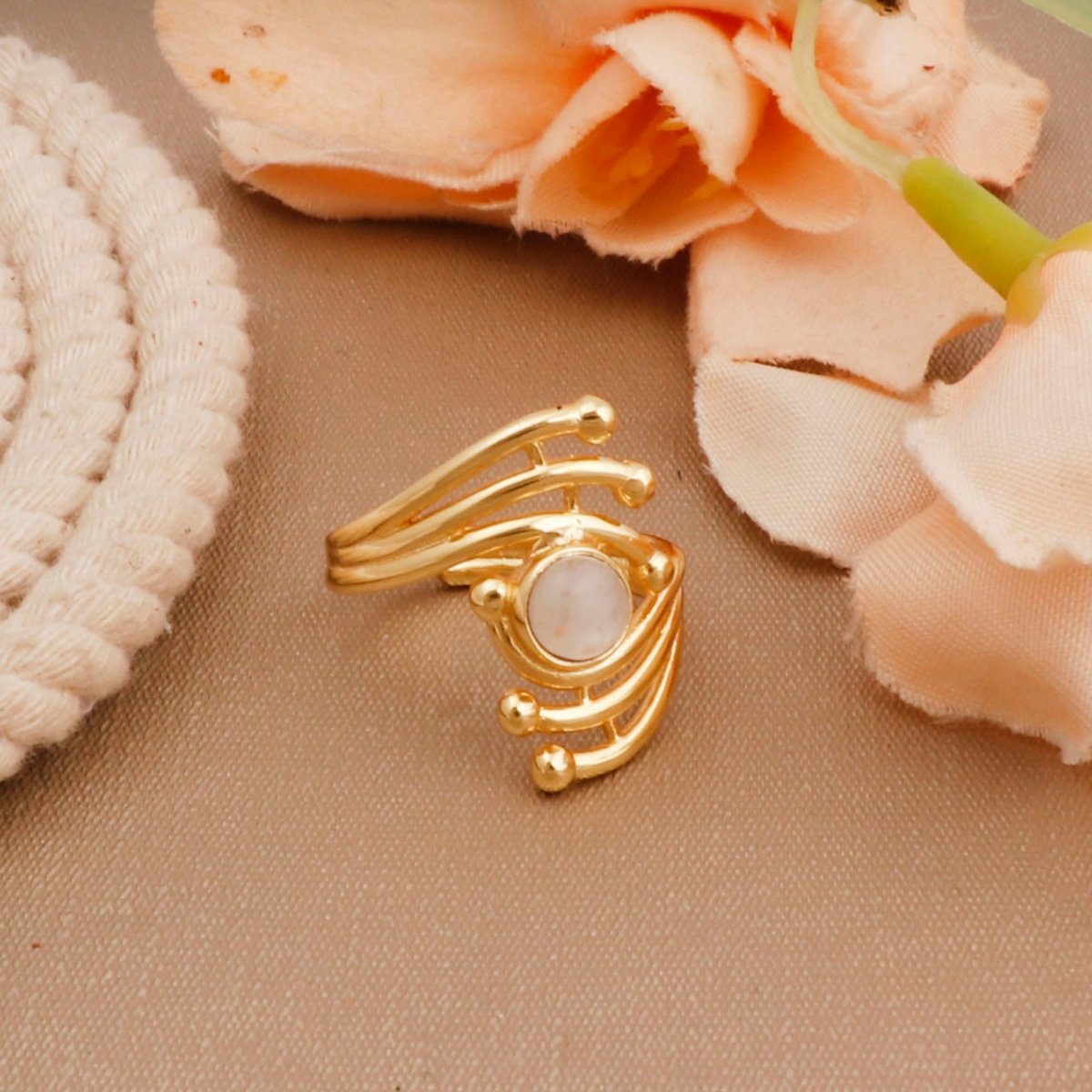 Green Onyx Gemstone Ring Evil Eye Design Gold Plated Ring Adjustable Moonstone