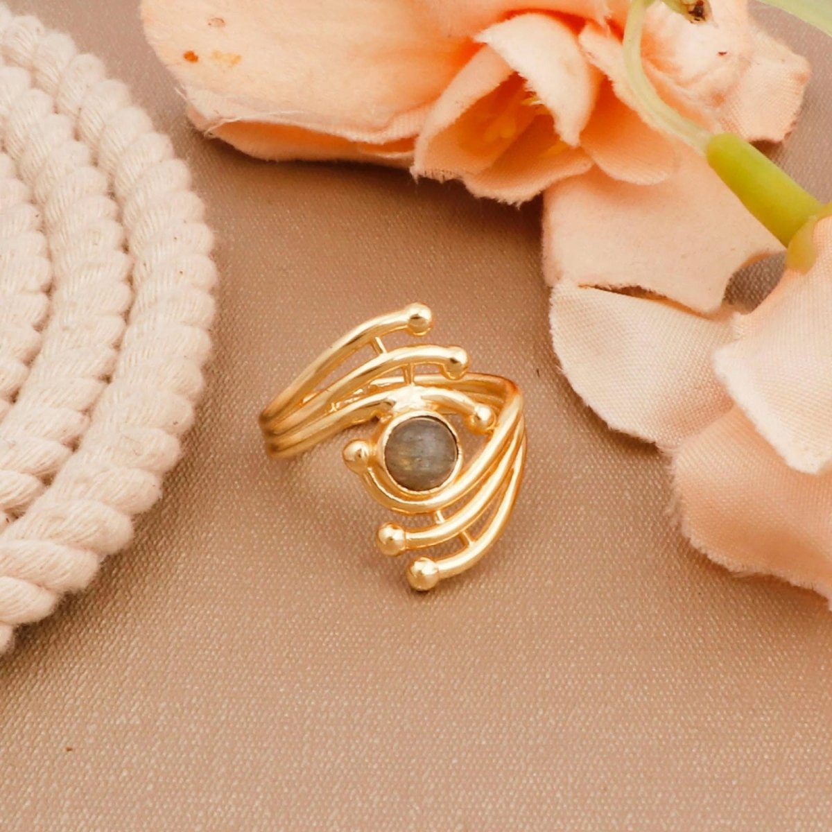 Green Onyx Gemstone Ring Evil Eye Design Gold Plated Ring Adjustable