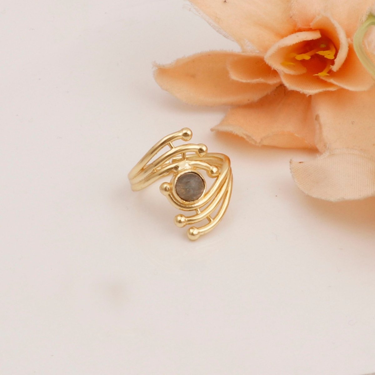 Green Onyx Gemstone Ring Evil Eye Design Gold Plated Ring Adjustable