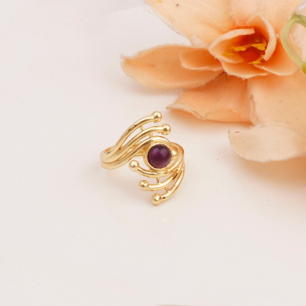 Green Onyx Gemstone Ring Evil Eye Design Gold Plated Ring Adjustable