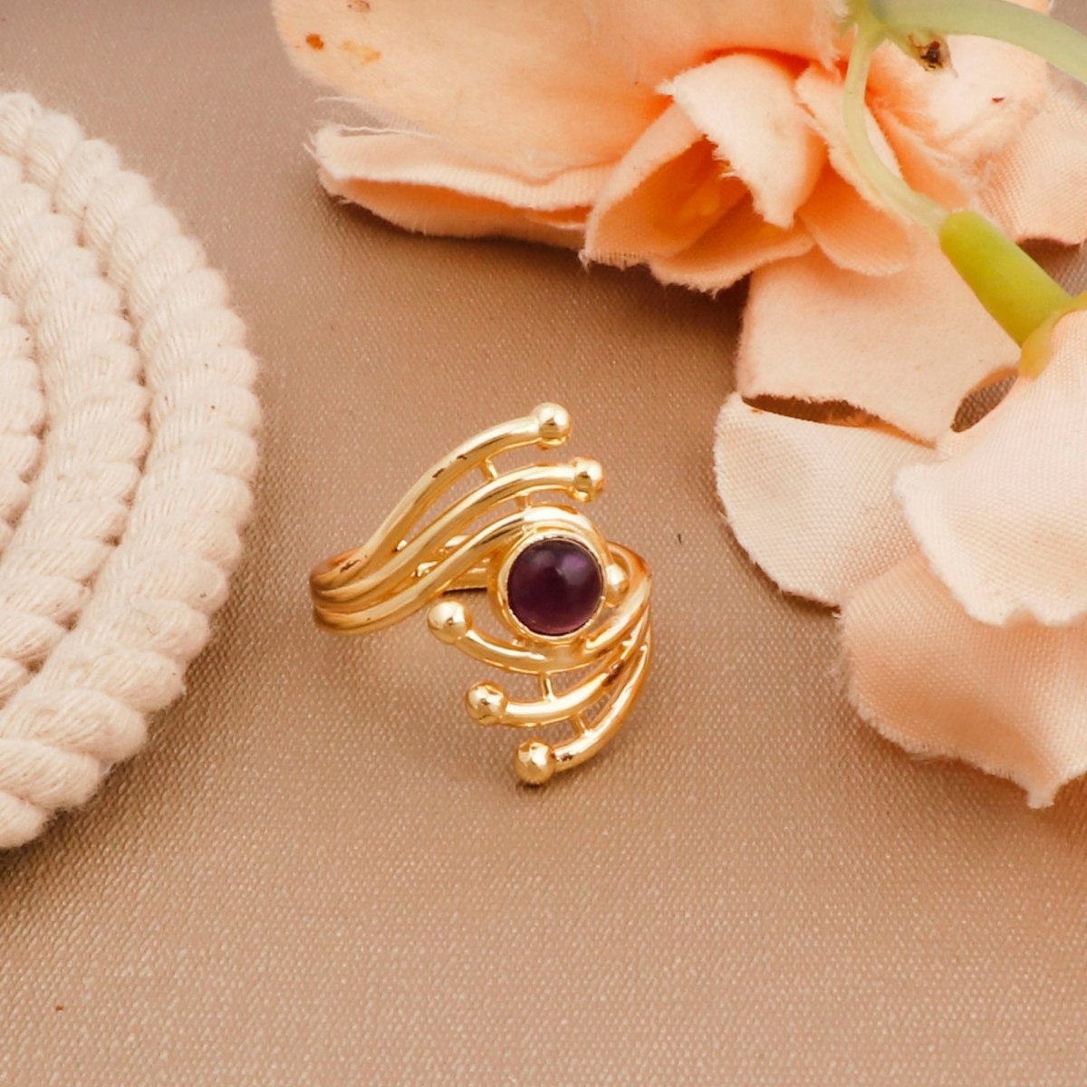 Green Onyx Gemstone Ring Evil Eye Design Gold Plated Ring Adjustable Amethyst