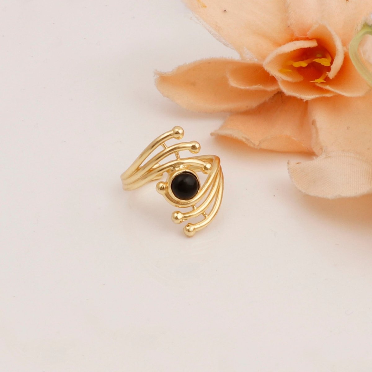 Green Onyx Gemstone Ring Evil Eye Design Gold Plated Ring Adjustable