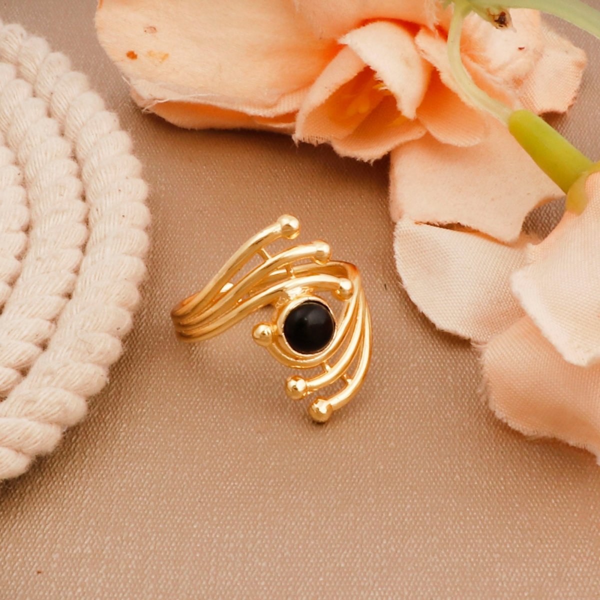 Green Onyx Gemstone Ring Evil Eye Design Gold Plated Ring Adjustable Black Onyx