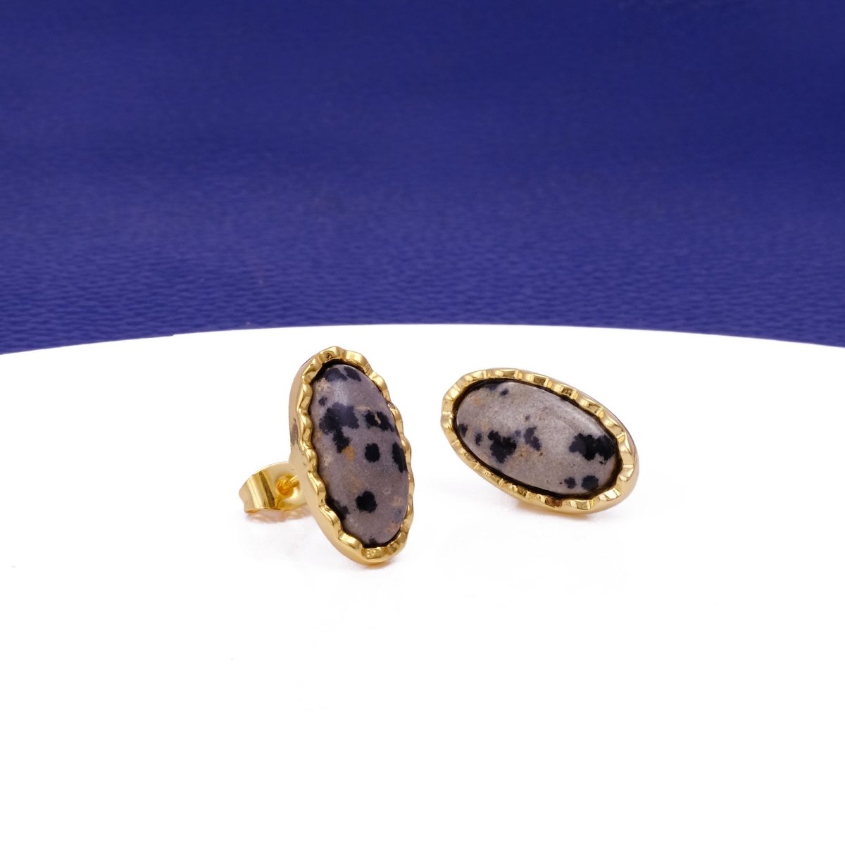 Green Onyx Gemstone Stud Oval Shape Stud Earring Gold Plated Push Back Stud Earring Dalmatian Jasper
