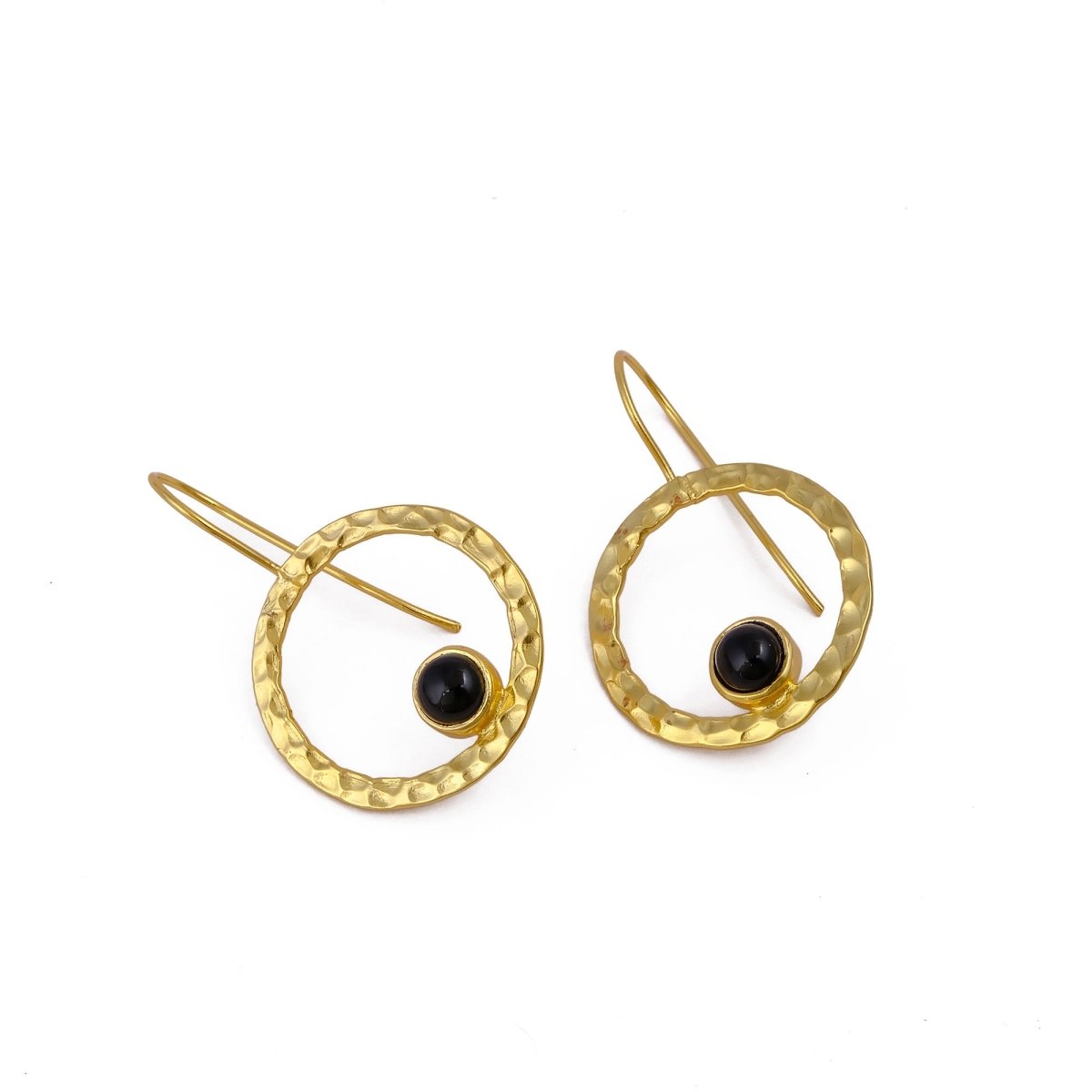 Green Onyx Round Shape Hammered Earrings, 18k Gold Plated Bezel Set Jewelry 5398