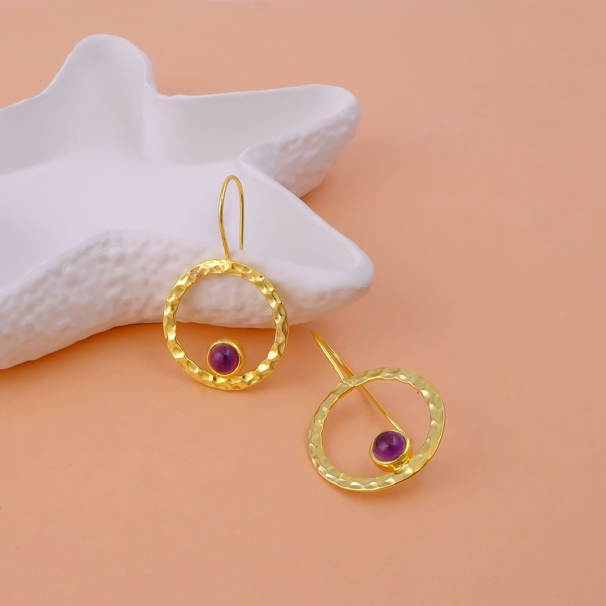 Green Onyx Round Shape Hammered Earrings, 18k Gold Plated Bezel Set Jewelry 5398