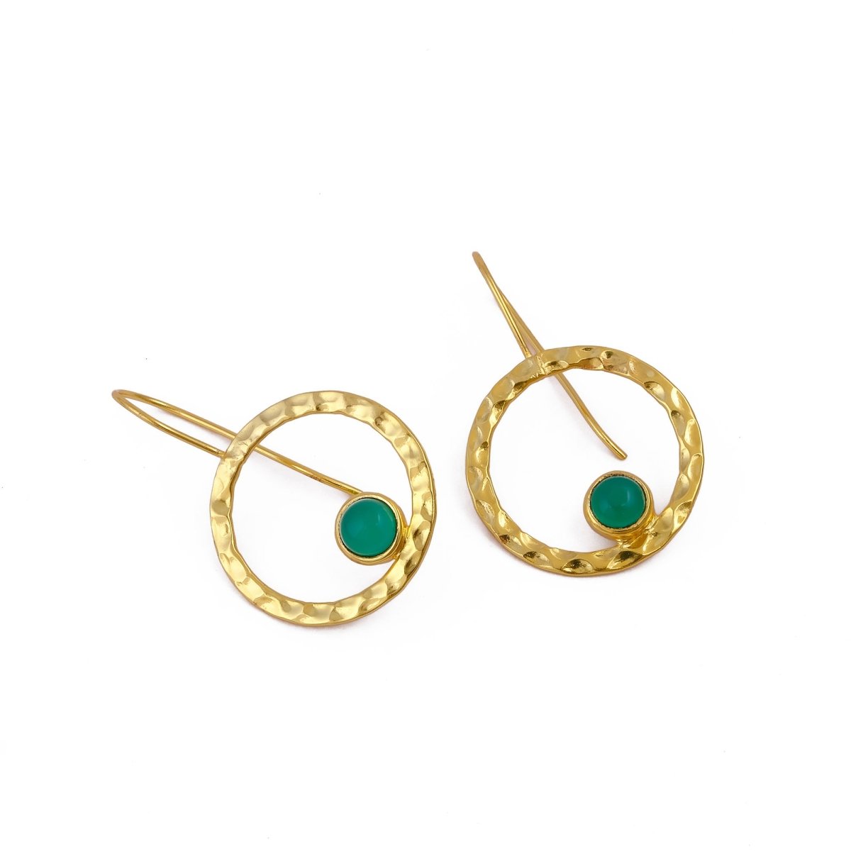 Green Onyx Round Shape Hammered Earrings, 18k Gold Plated Bezel Set Jewelry 5398
