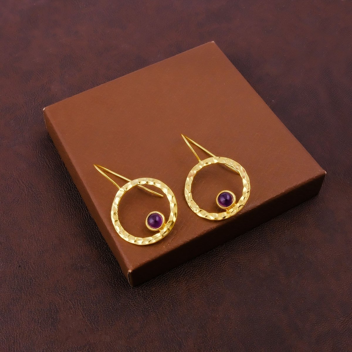 Green Onyx Round Shape Hammered Earrings, 18k Gold Plated Bezel Set Jewelry 5398