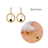 Green Onyx Round Shape Hammered Earrings, 18k Gold Plated Bezel Set Jewelry 5398 Black Onyx