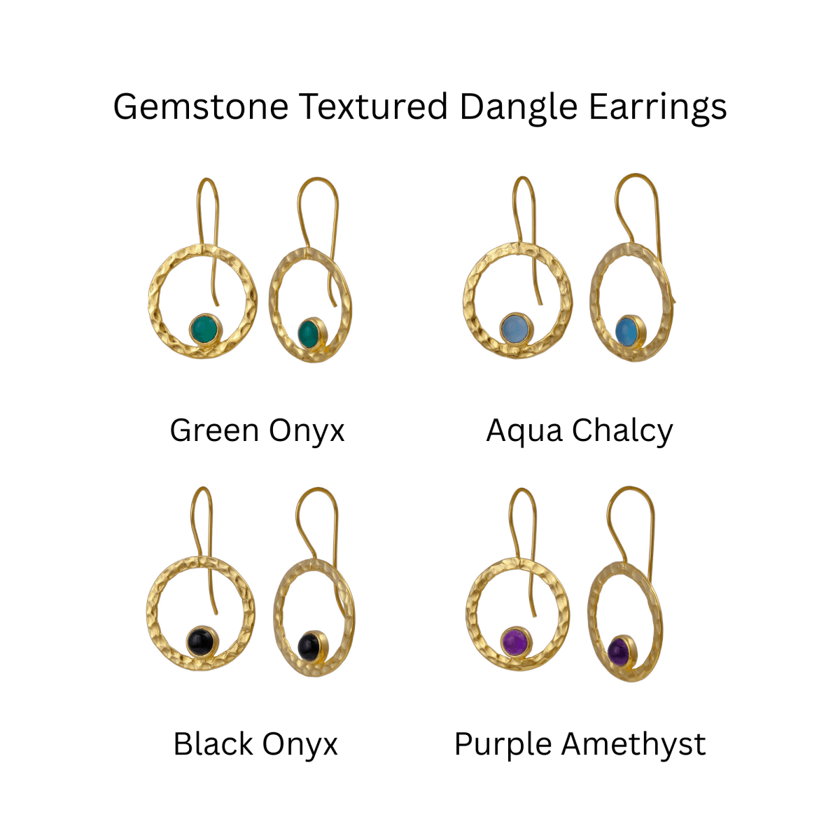 Green Onyx Round Shape Hammered Earrings, 18k Gold Plated Bezel Set Jewelry 5398