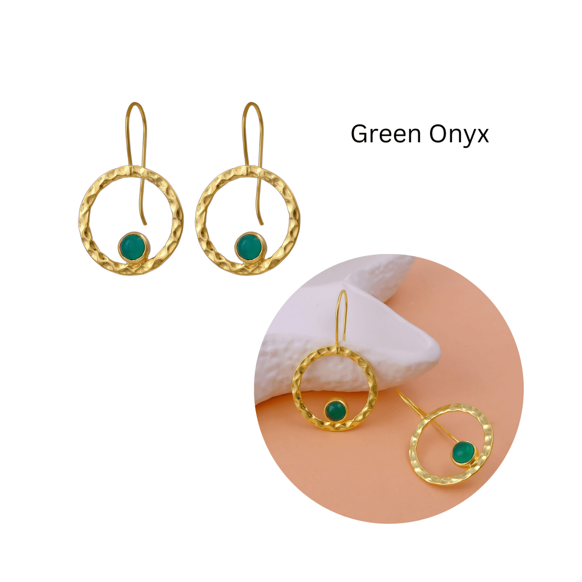 Green Onyx Round Shape Hammered Earrings, 18k Gold Plated Bezel Set Jewelry 5398