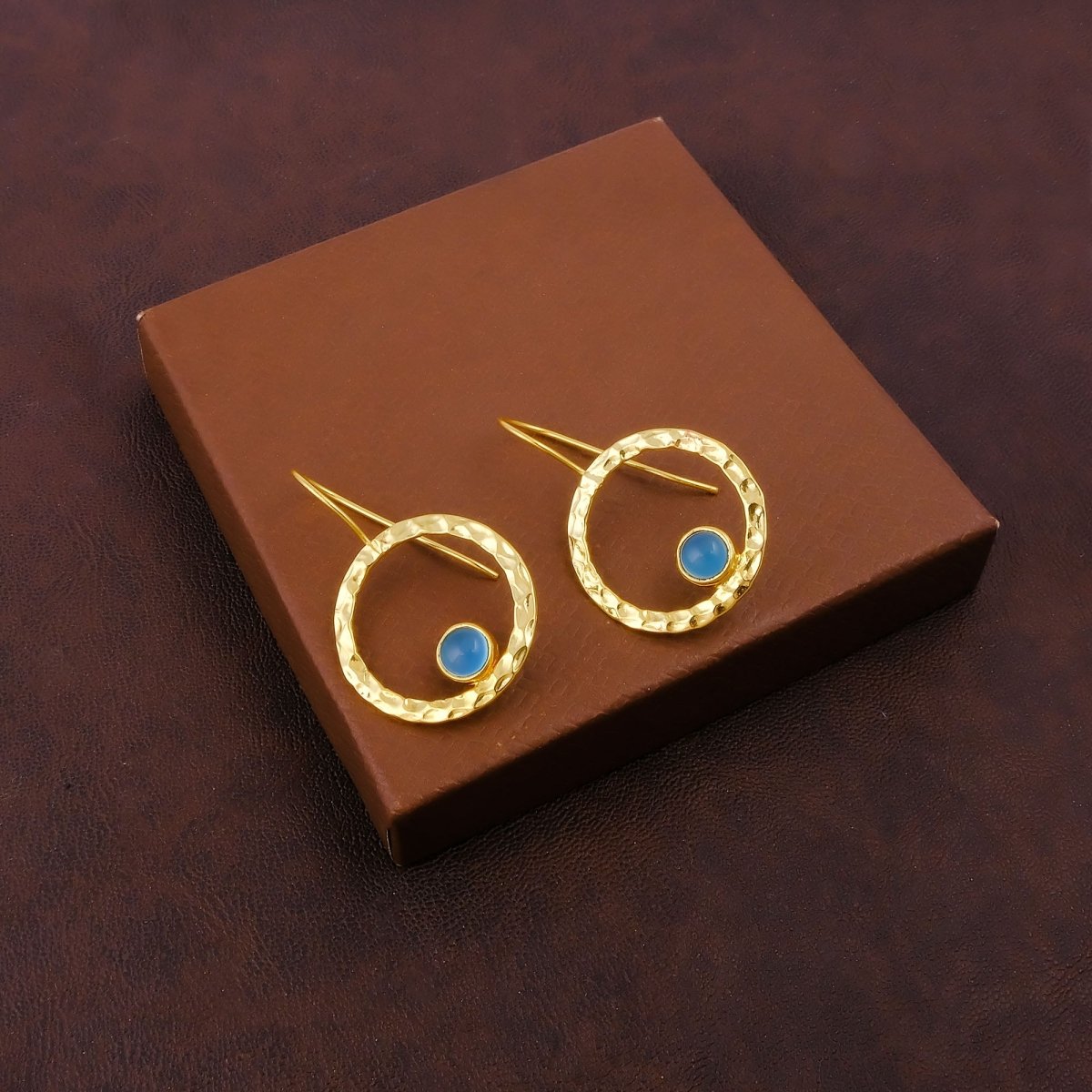 Green Onyx Round Shape Hammered Earrings, 18k Gold Plated Bezel Set Jewelry 5398