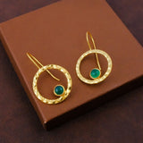 Green Onyx Round Shape Hammered Earrings, 18k Gold Plated Bezel Set Jewelry 5398 Green Onyx