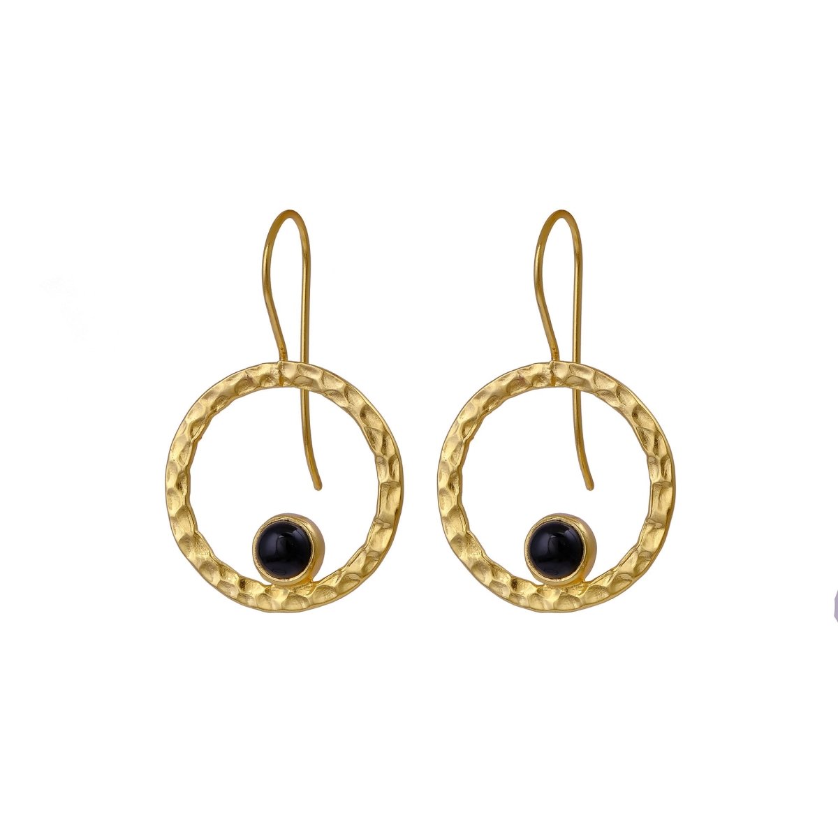 Green Onyx Round Shape Hammered Earrings, 18k Gold Plated Bezel Set Jewelry 5398