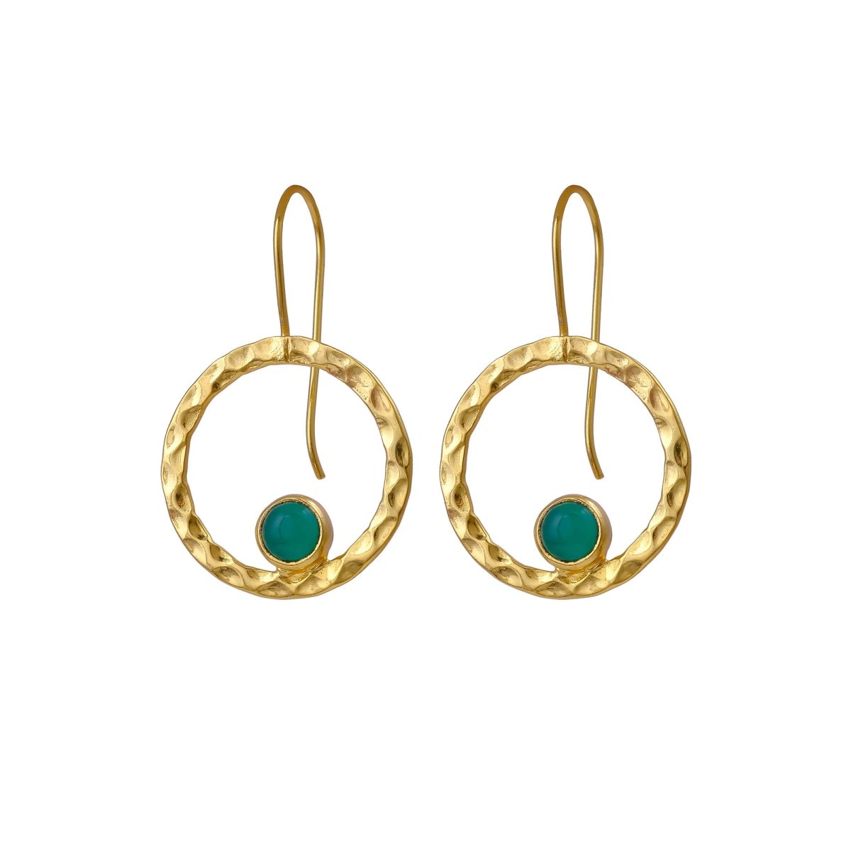 Green Onyx Round Shape Hammered Earrings, 18k Gold Plated Bezel Set Jewelry 5398