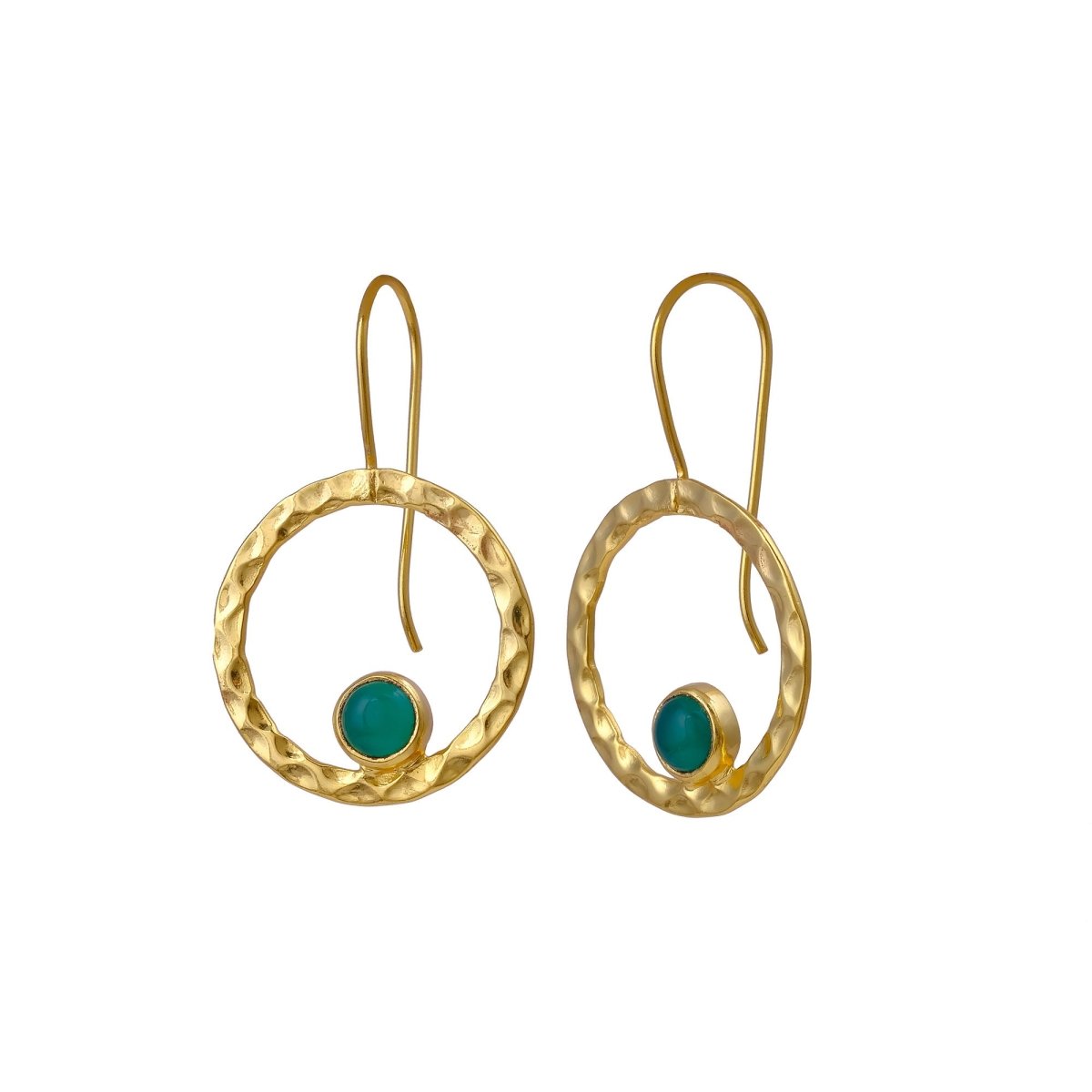 Green Onyx Round Shape Hammered Earrings, 18k Gold Plated Bezel Set Jewelry 5398