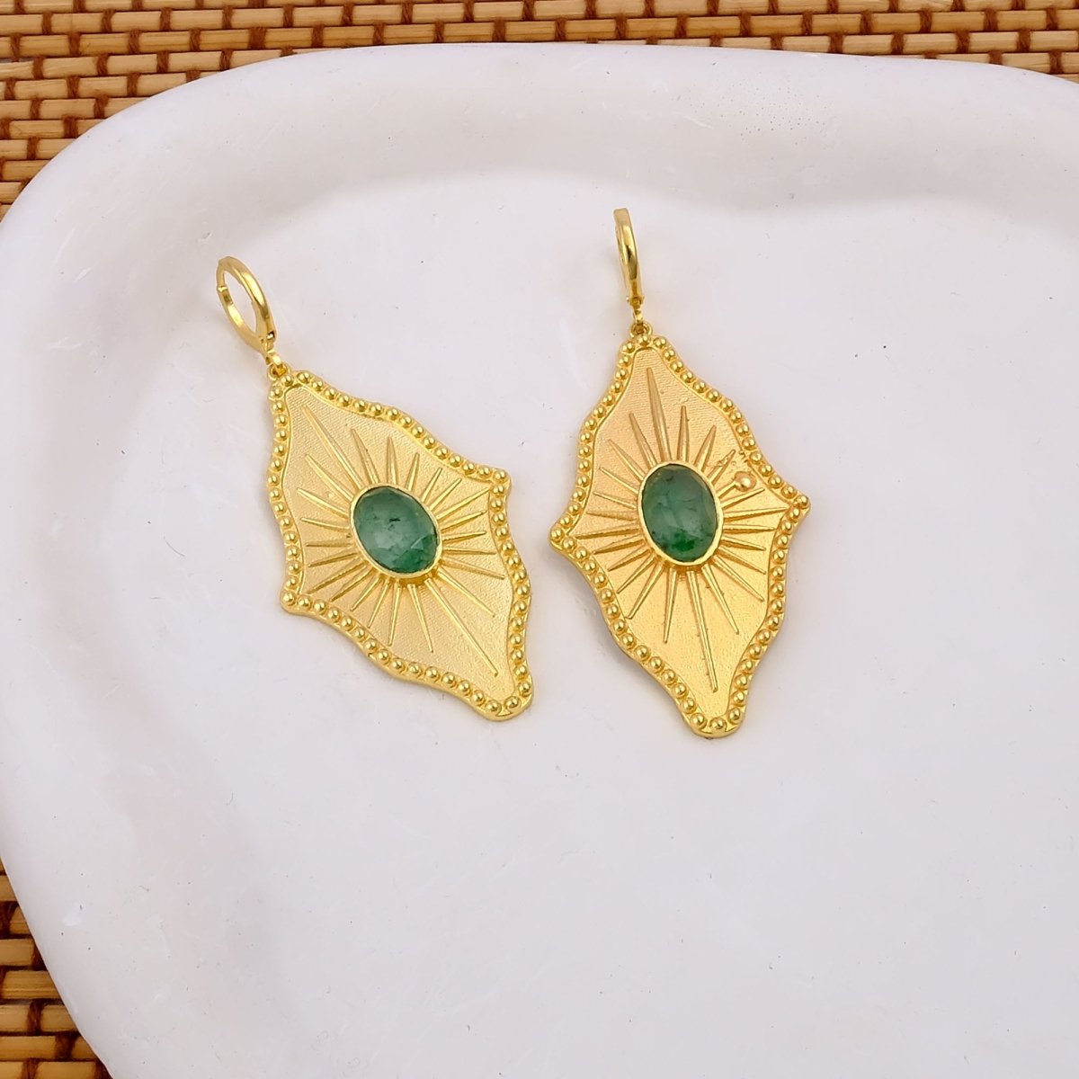 Green Strawberry Quartz Sunburst Drop Earrings, Gold Plated Statement Earrings 5379