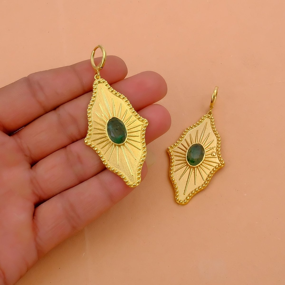 Green Strawberry Quartz Sunburst Drop Earrings, Gold Plated Statement Earrings 5379