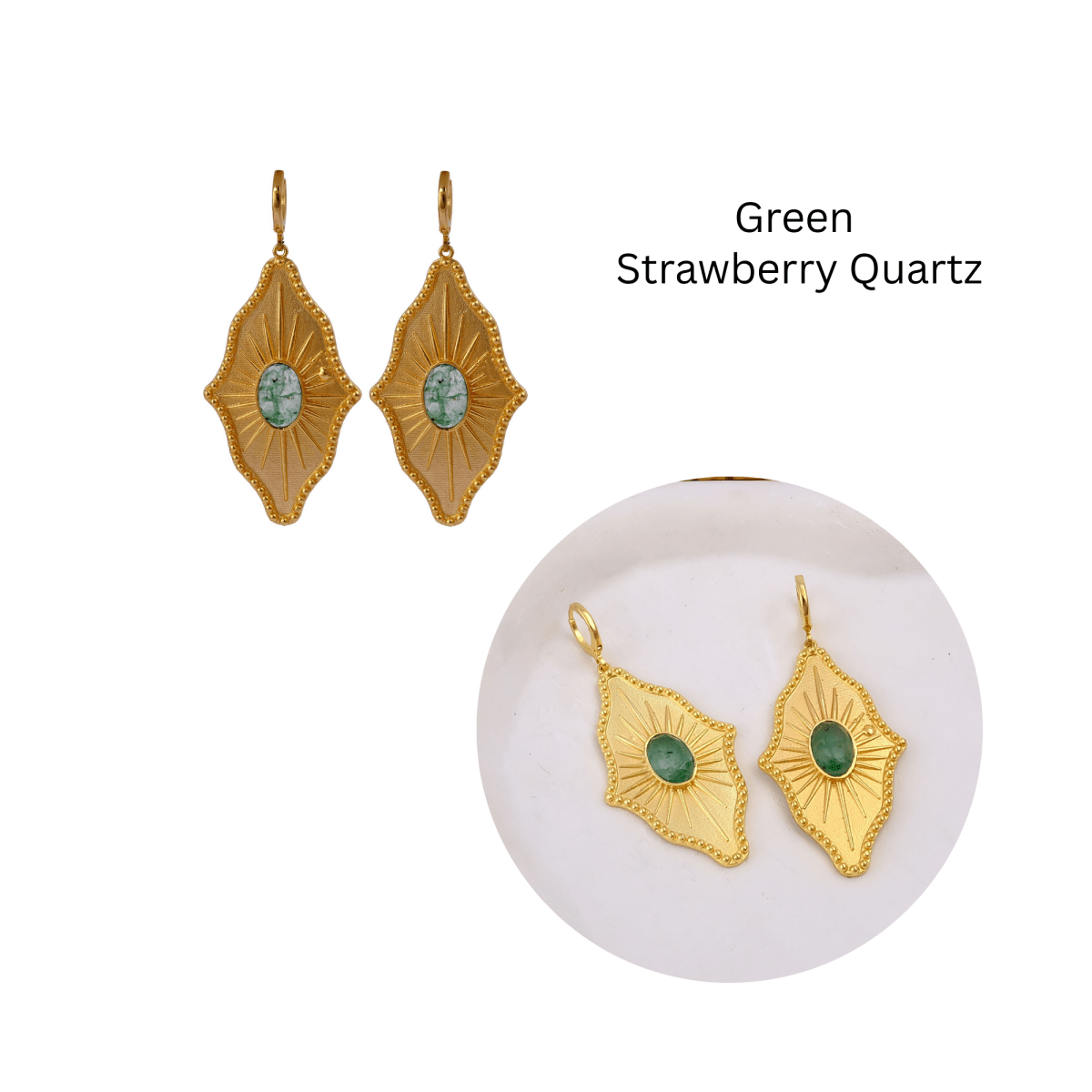 Green Strawberry Quartz Sunburst Drop Earrings, Gold Plated Statement Earrings 5379
