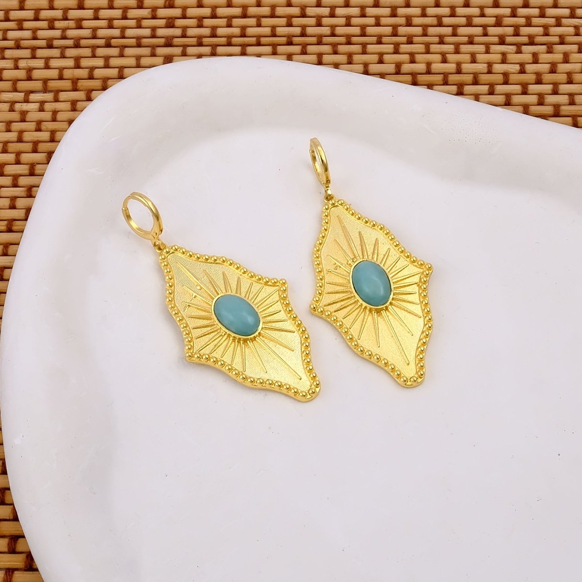 Green Strawberry Quartz Sunburst Drop Earrings, Gold Plated Statement Earrings 5379